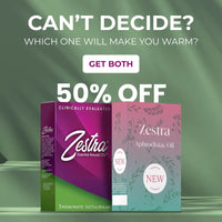 Two boxes of Zestra products with promotional text on a green background