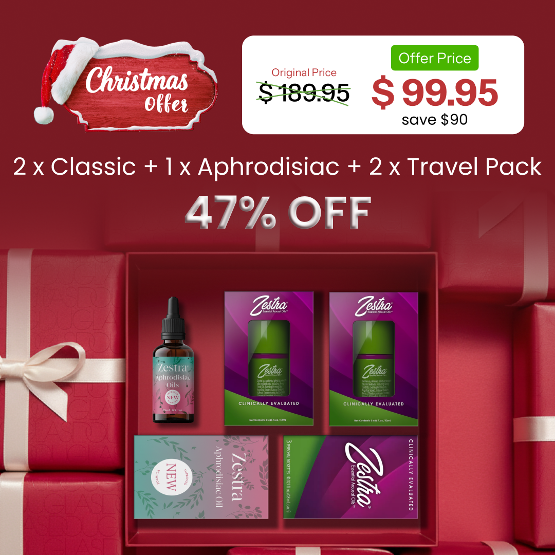 Vente de Noël : 2 x Huile d'excitation + 1 x Huile aphrodisiaque + 2 x Pack de voyage