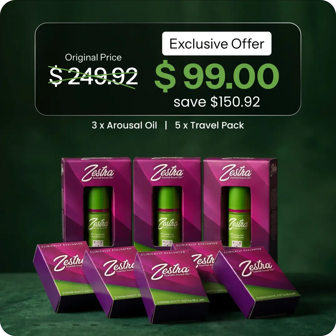 Pack Économique Huile d'Éveil Zestra – Économisez 150 $ | 3 Bouteilles Pleines + 5 Pochettes de Voyage