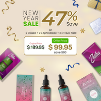 Nyårsförsäljning: 1 x Upphetsningsolja + 2 x Afrodisiakumolja + 2 x Reseförpackning